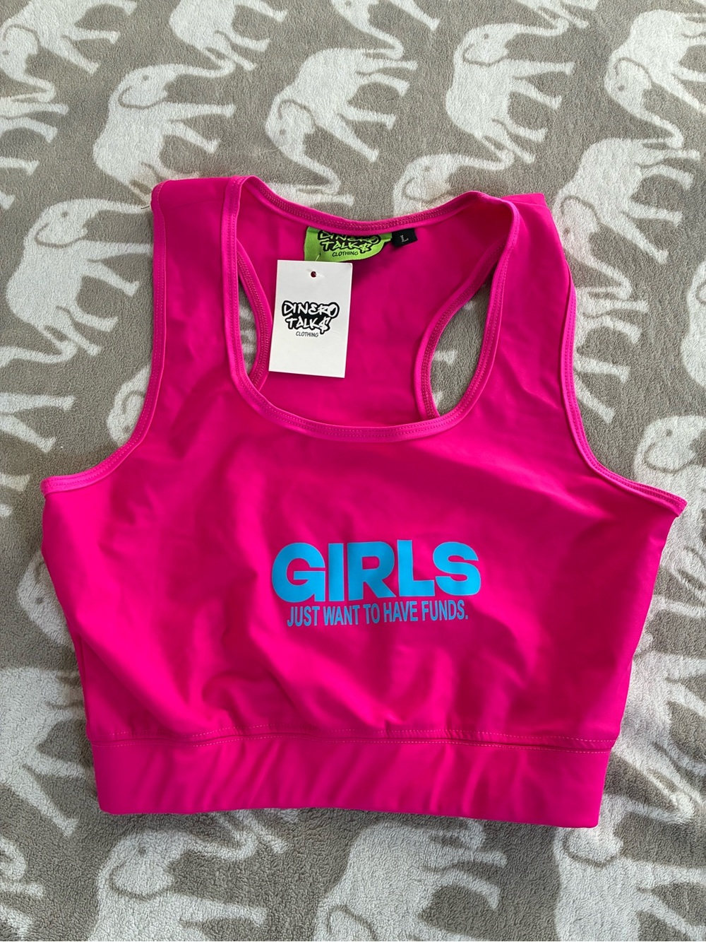 Dinero Talk Women’s Hot Pink Sports Bra with Blue Logo